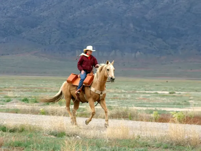 A rider crossing open country