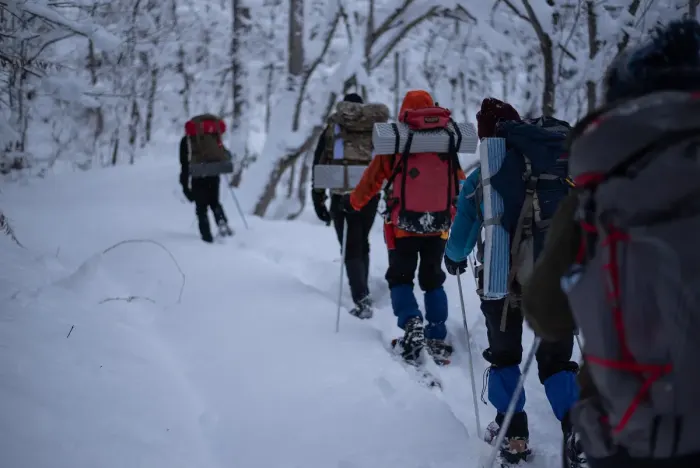 Snowshoers walking in single file across deep snow