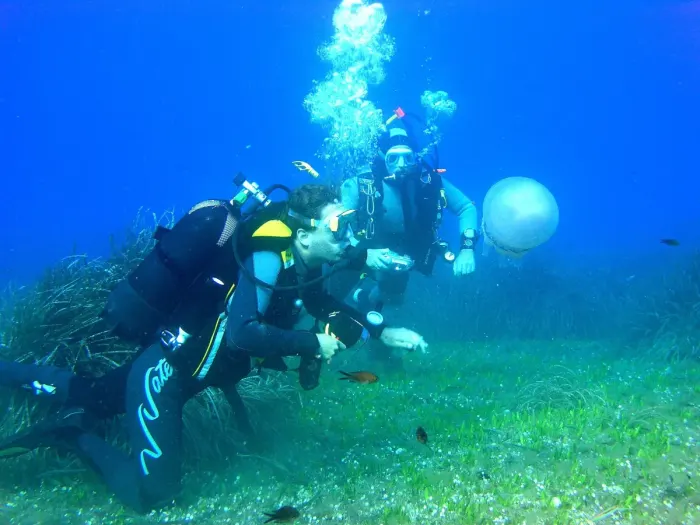 A scuba diver underwater in a wetsuit with tanks and mask