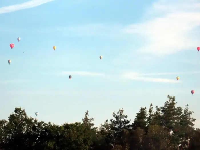 A hot air balloon inflated and rising over open countryside