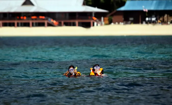 Snorkelers in clear shallow water off a rocky shore
